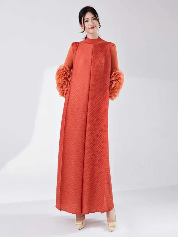 Long Pleated Dress With Ruffles Sleeves Loose Solid Color Stitching Female Party Clothing Summer New Clothes 2DA5900