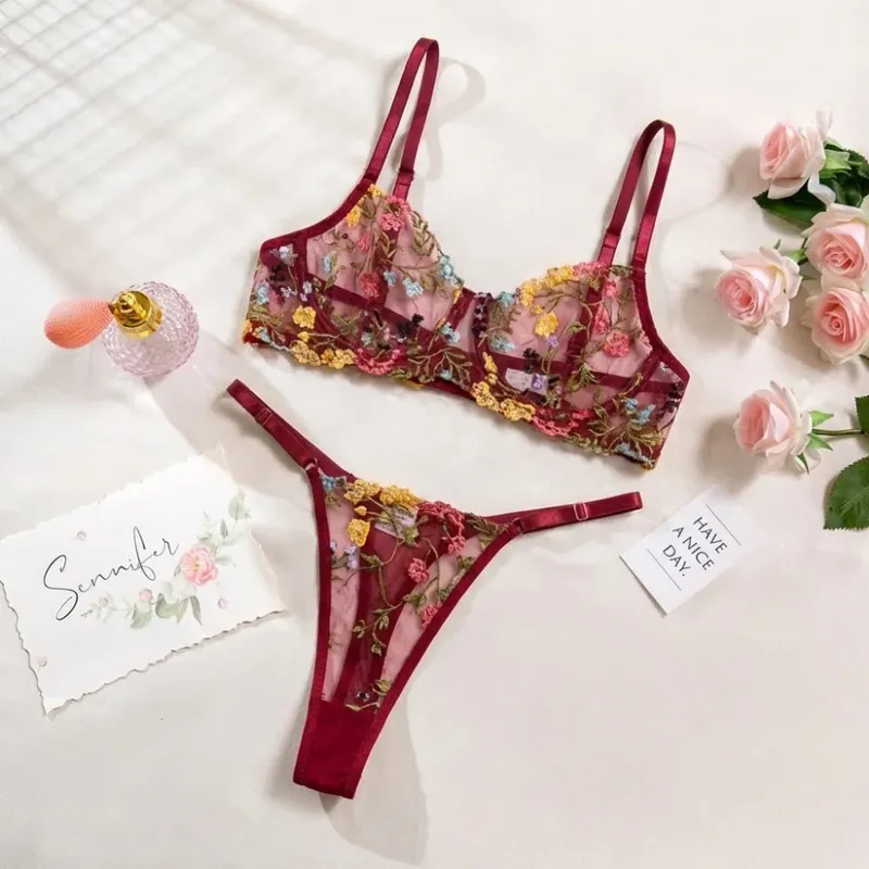 Σετ εσώρουχων 2 τεμαχίων Bohemia Floral Κέντημα Ευέλικτο Εσώρουχα Intimates Underwire Push-up Sheer Set εσώρουχα για κορίτσι