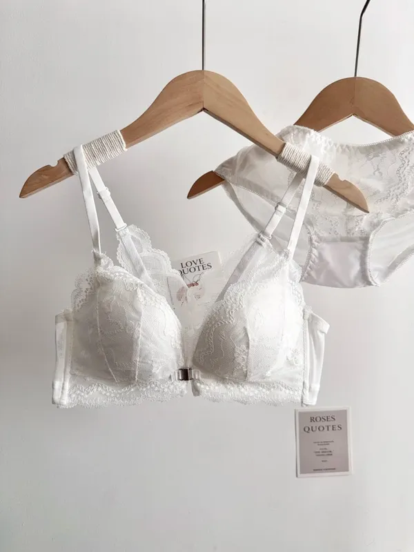 Set Bra Renda Payudara Kecil Wanita Penutupan Depan Wayarles Cantik Belakang Tekan Ke Atas Bra Pakaian Dalam Harian Lembut Saiz 32‑38AB — image 10