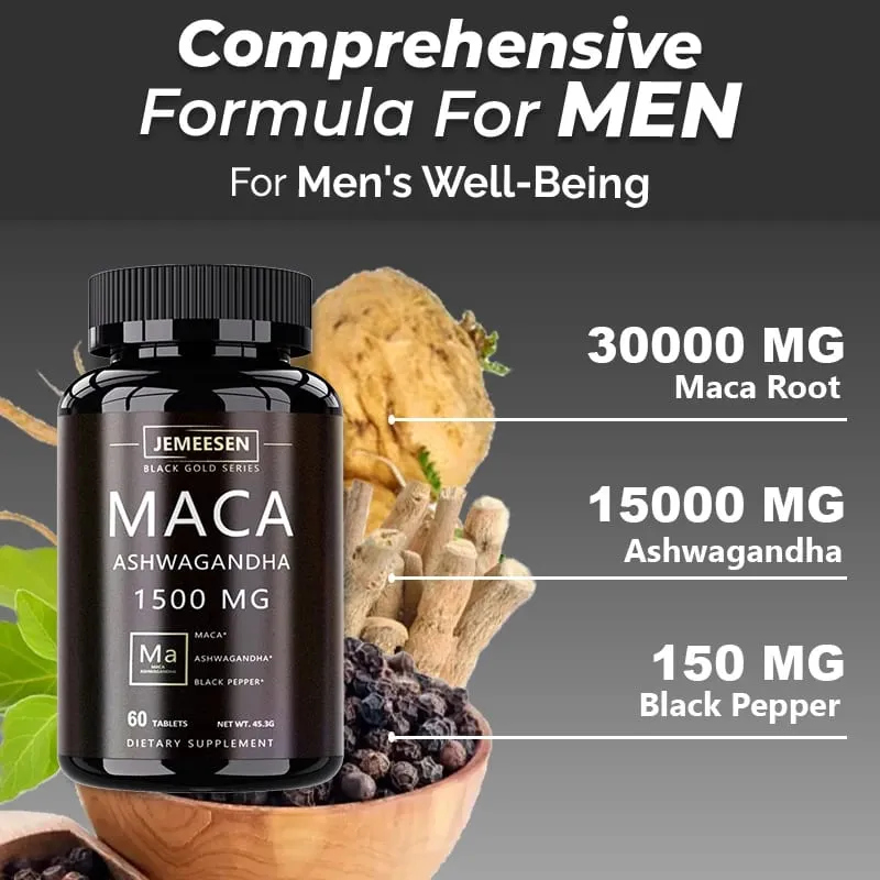 Organic Maca Root Powder Capsules 1500mg containing Maca Root Extract Ashwagandha Black Pepper Supplements for Men
