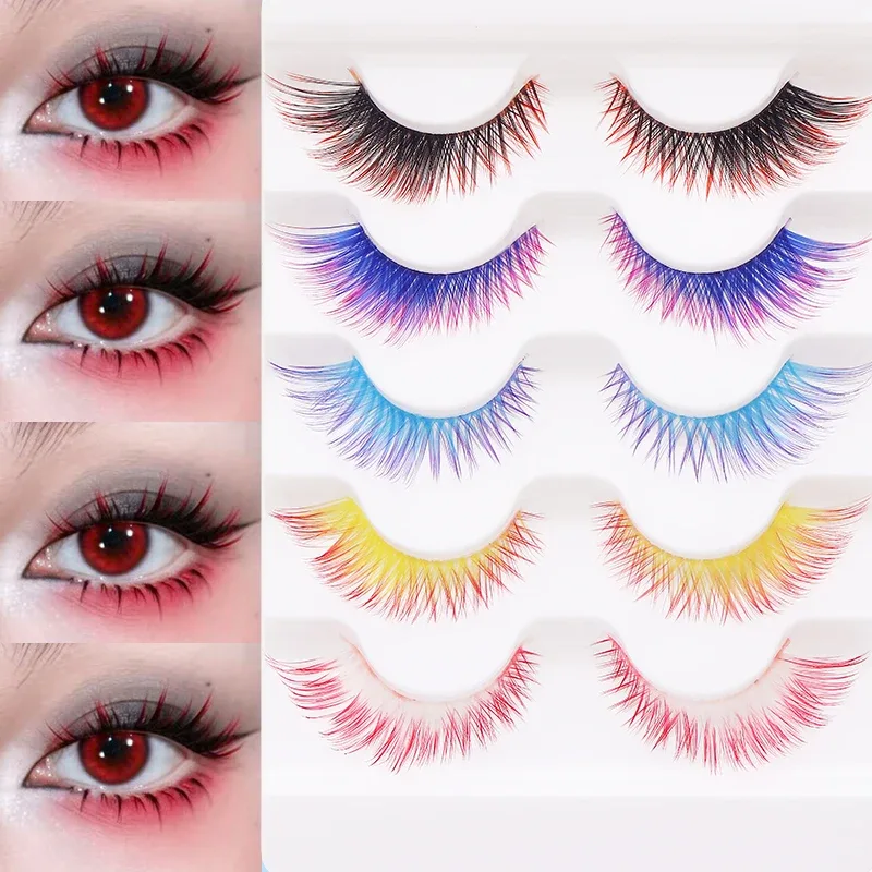 5 Pairs Mix Color Ombre Gradient False Eyelashes 3D Colorful Strip Lashes Handmade Fluffy Colored Eyelashes for Cosplay Makeup