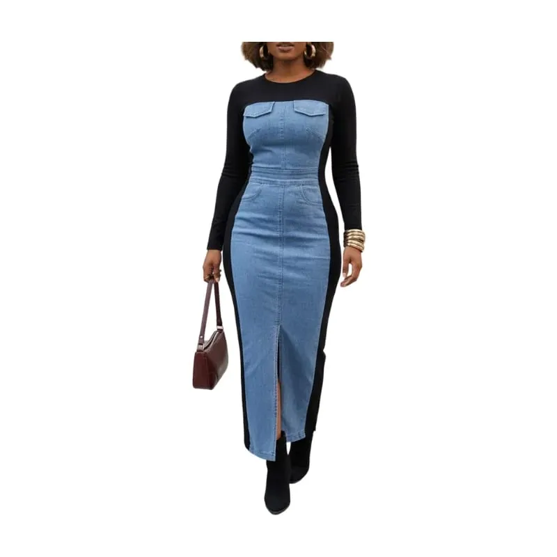 Women's Round Neck Long Sleeve Color Block Front Slit Slim Fit Midi Dress For Urban Street Daily Casual Fashion Occasions