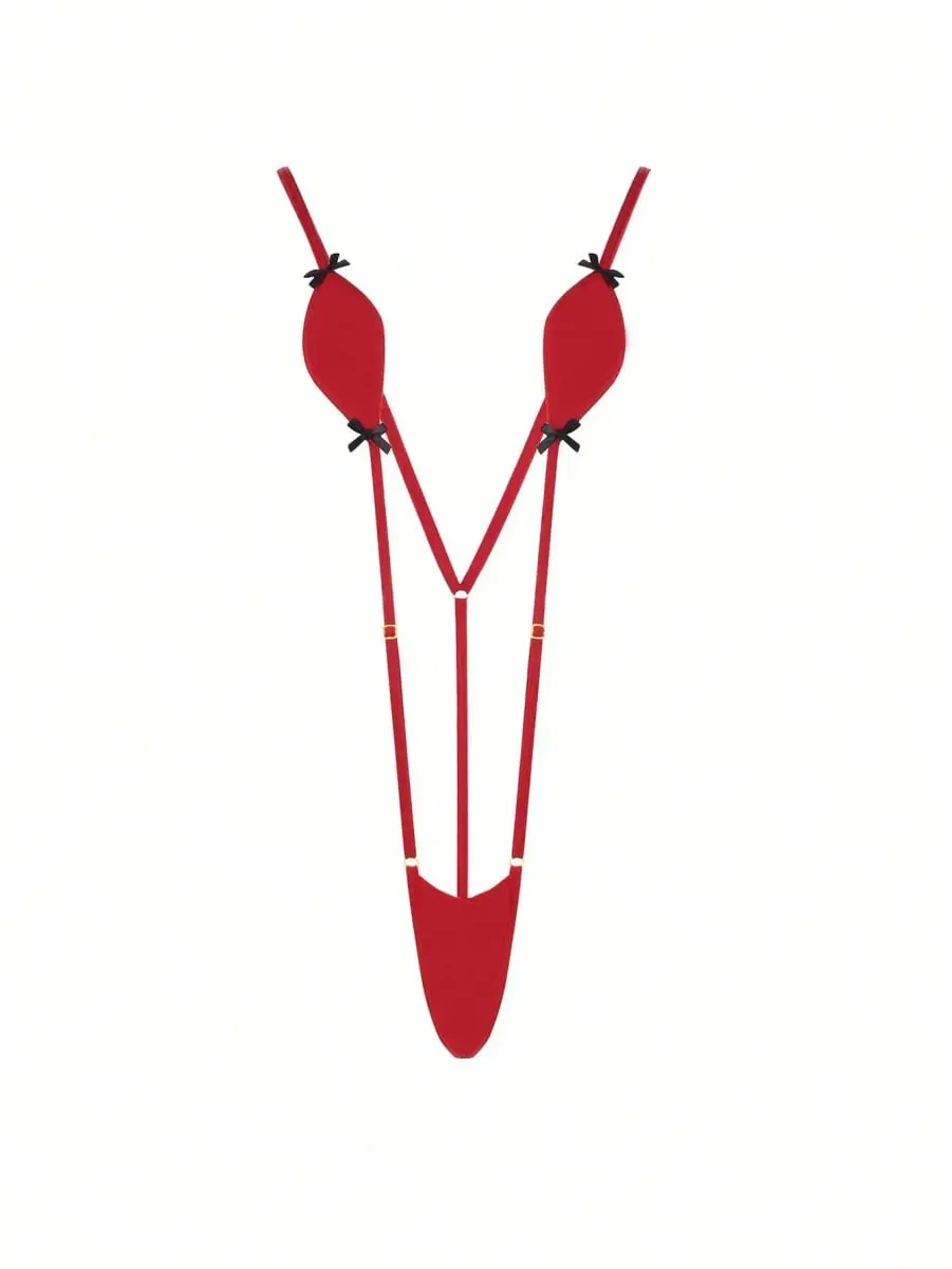 Adjustable Belt Mini-Bikini Lingerie with Suspenders Kawaii Bow-Knot Detail Sexy Erotic Swimsuit Jumpsuit for Women