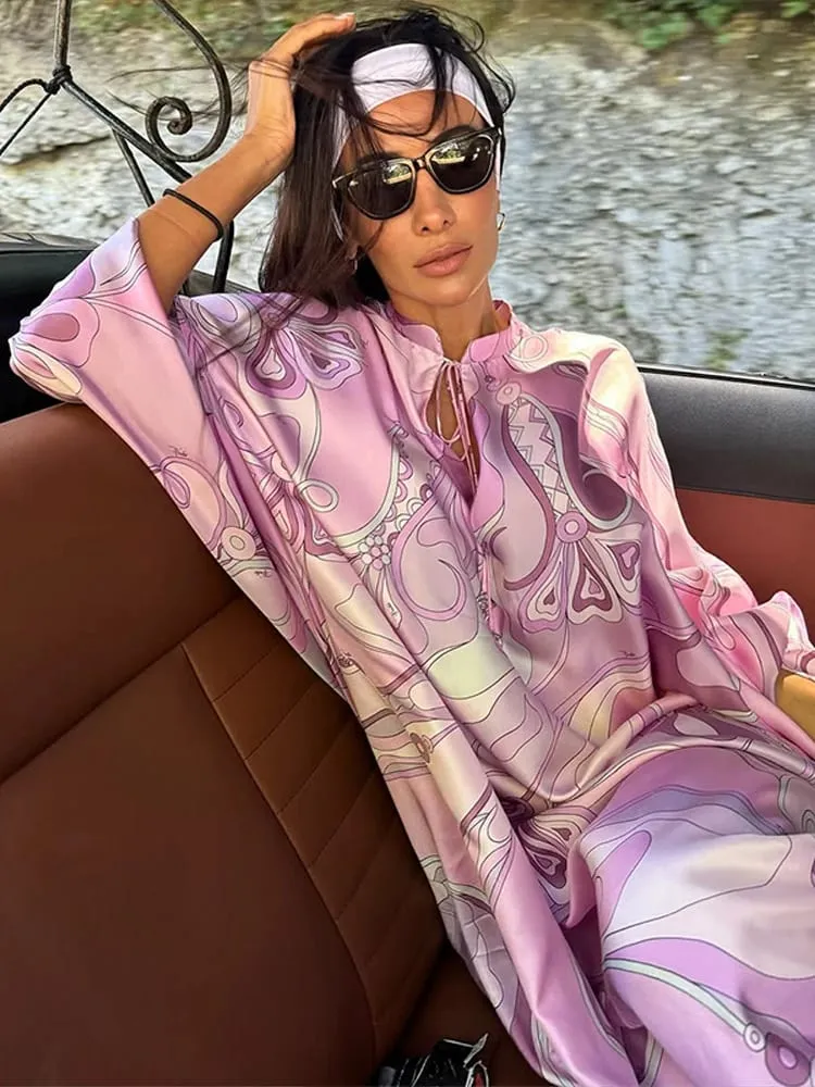 Oversized Women's Print Kaftan Maxi Dress With Pink Pattern Loose Fit Full Sleeve Long Dresses Summer Beach Vacation Outfit Robe