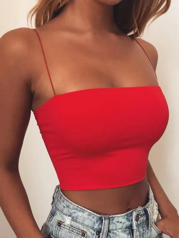 Women's Solid Halter Crop Top Sleeveless Camisole Spaghetti Strap Cami Tank Tops Tube Top Basic Bodycon Tee Sexy Fashion