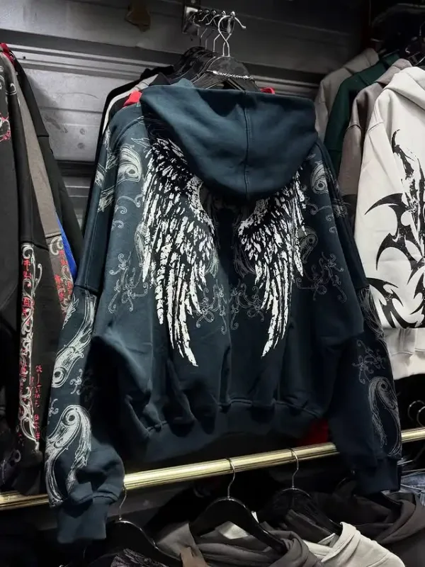 Mens Zip Up Hoodie สีน้ำเงินเข้มปีกพิมพ์กราฟิกที่ไม่ซ้ำกัน Y2K Streetwear American Urban เสื้อสวมหัวเสื้อผ้าเยาวชน Hooded Sweatshirt