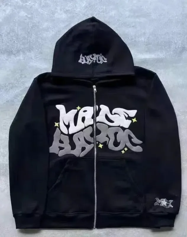 Zipper hooded sweatshirt with retro American letters suitable for men and women wearing Y2K jacket autumn/winter cardigan