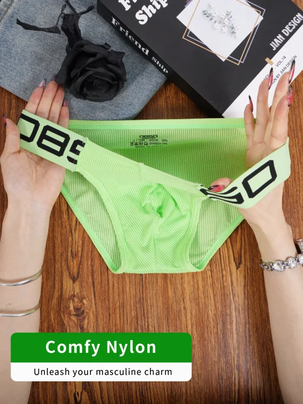 Herren-Slip aus Nylon-Mischgewebe, atmungsaktiv, Horn, Spleiß, Buchstabenprägung, breiter elastischer Bund, fluoreszierende Farbe, sexy Unterwäsche