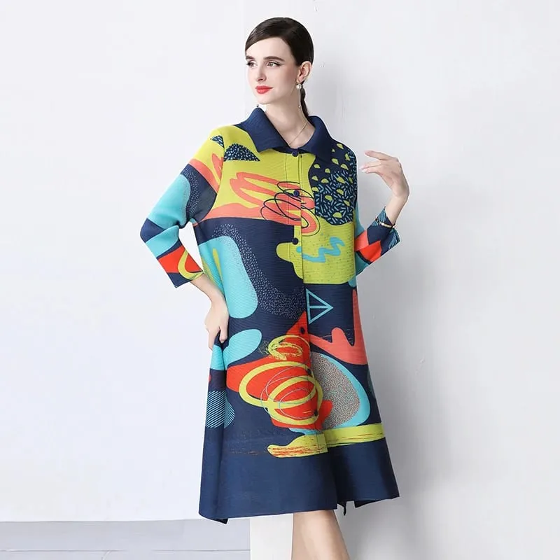 Miyake Abito drappeggiato a pieghe Donna 2024 Primavera Estate Colorblock Stampa Risvolto Manica 3/4 Abiti camicia monopetto moda