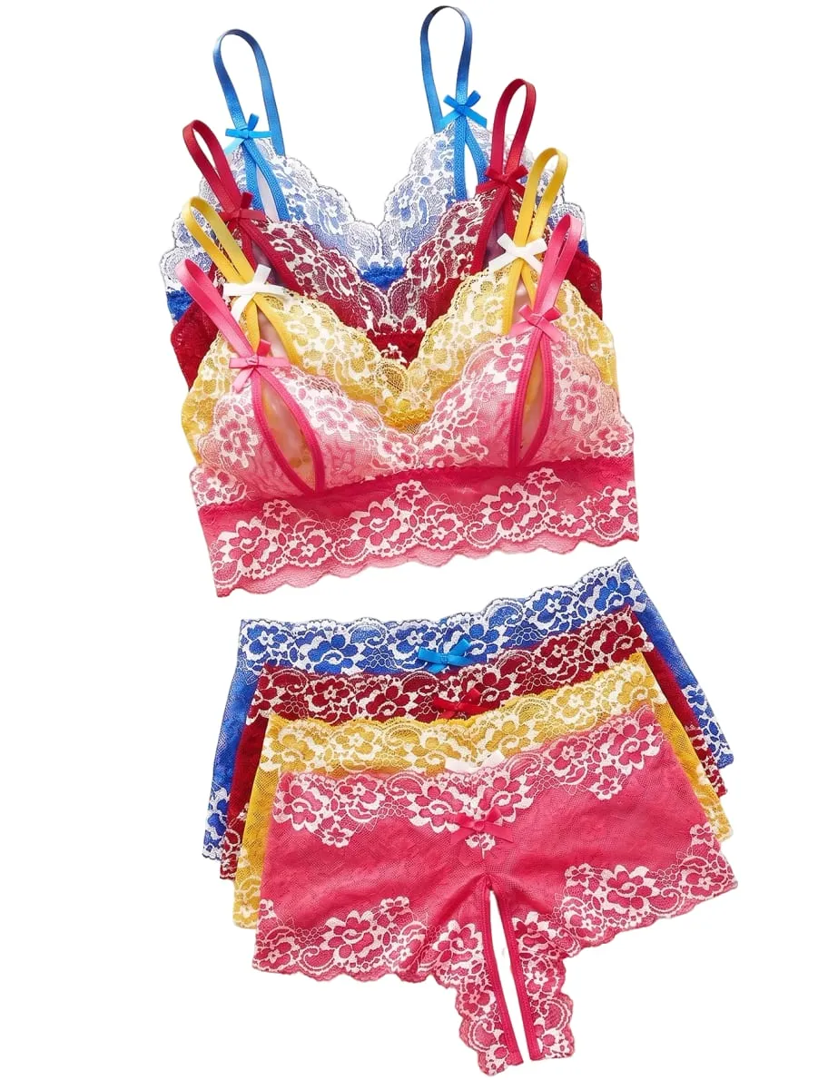 4 Sets Combined Romantic Lingerie Open Bra Transprent Underwear Set Crotchless Lace Pullover Outfits Embroidery No Pad Wireless — image 2