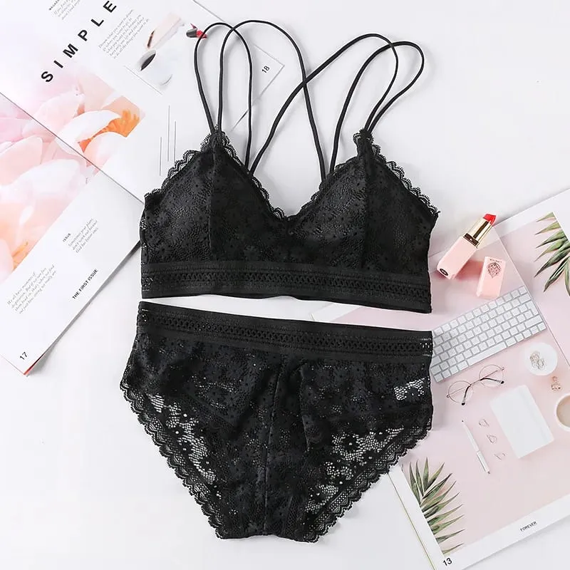 Lace Lingerie Set Cross Shoulder Strap Without Steel Ring Bra Women's Comfortable Support Underwear Fashionable Gathering Design — image 10