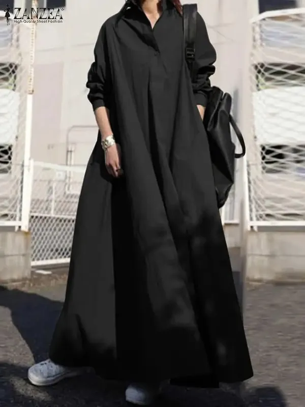 Robe chemise à manches longues pour femme, ample, surdimensionnée, Maxi, caftan, revers, couleur unie, demi-bouton, ligne a, automne — image 7