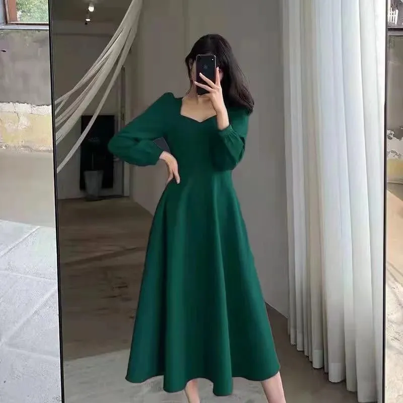 Long Puff Sleeve Solid Elegant Dress Women Clothing Wedding Guest New Year Women Fashion High Waist Slim Evening Party Dresses — image 5