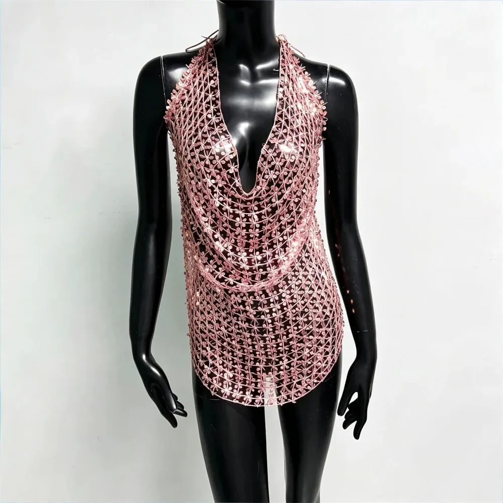 Women Shiny Acrylic Sequins Hollow Tank Top Sexy Deep V Neck Backless Halter Neck See Through Cover Up Camisole Beach Party Tops