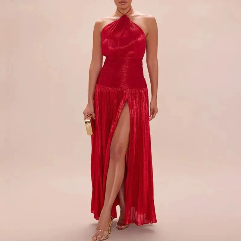 Zlaté sexy ohlávkové šaty s vysokými dělenými róbami Večerní šaty Dámské elegantní Jednobarevné duté řasené dlouhé šaty Jaro Léto Maxi šaty na zip bez zad