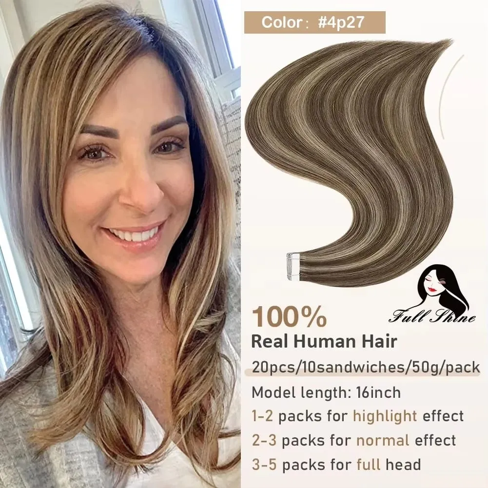 Full Shine Tape hajhosszabbításhoz 20 db Skin Weft Remy Straight Hair Ragasztó brazil hajra nőknek