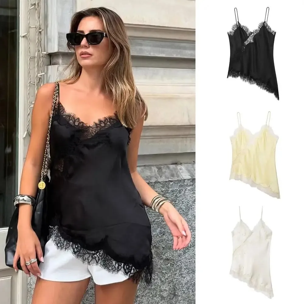 Thanh lịch Bất Đối Xứng Ren Ren Miếng Dán Cường Lực Top Không Tay Hở Lưng Yếm Áo Cổ Chữ V Ren Nữ bể Mặc Mùa Hè