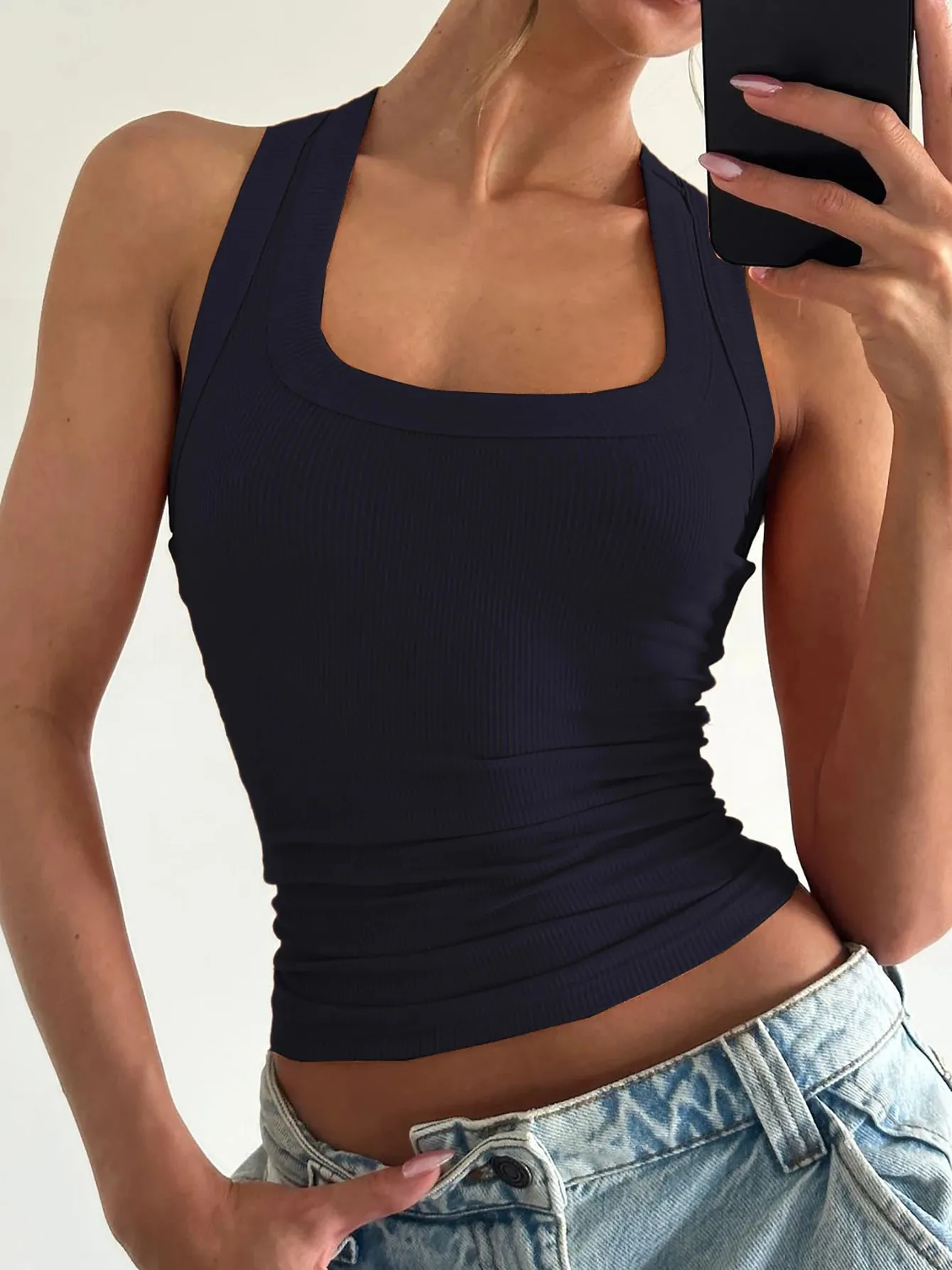 Dulzura Square Collar Sleeveless Slim Ribbed Tank Top Women'S Solid Sexy Casual Top Party Club Street Summer Clothes Wholesale