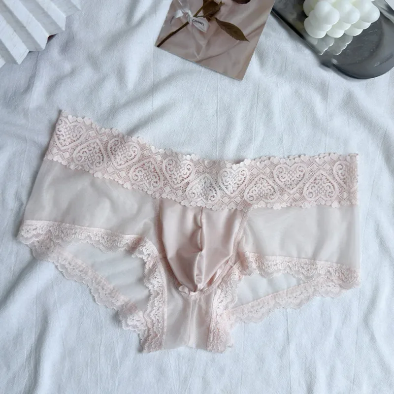 Cuecas masculinas de seda gelo com acabamento de renda fina e sem costura brilhante bolsa 3D calcinha leve confortável lingerie diária