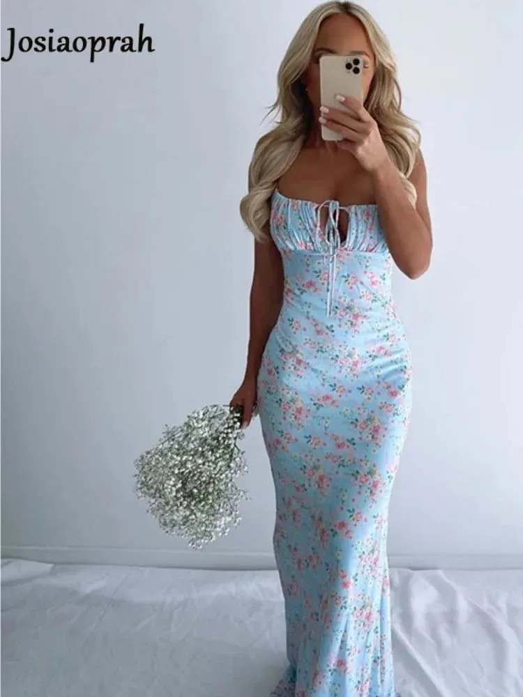 Josiaoprah Sexy V-Neck Long Maxi Dress Elegant Vintage Floral Printed Party Dress Spring Summer Holiday Style Dresses Vestido