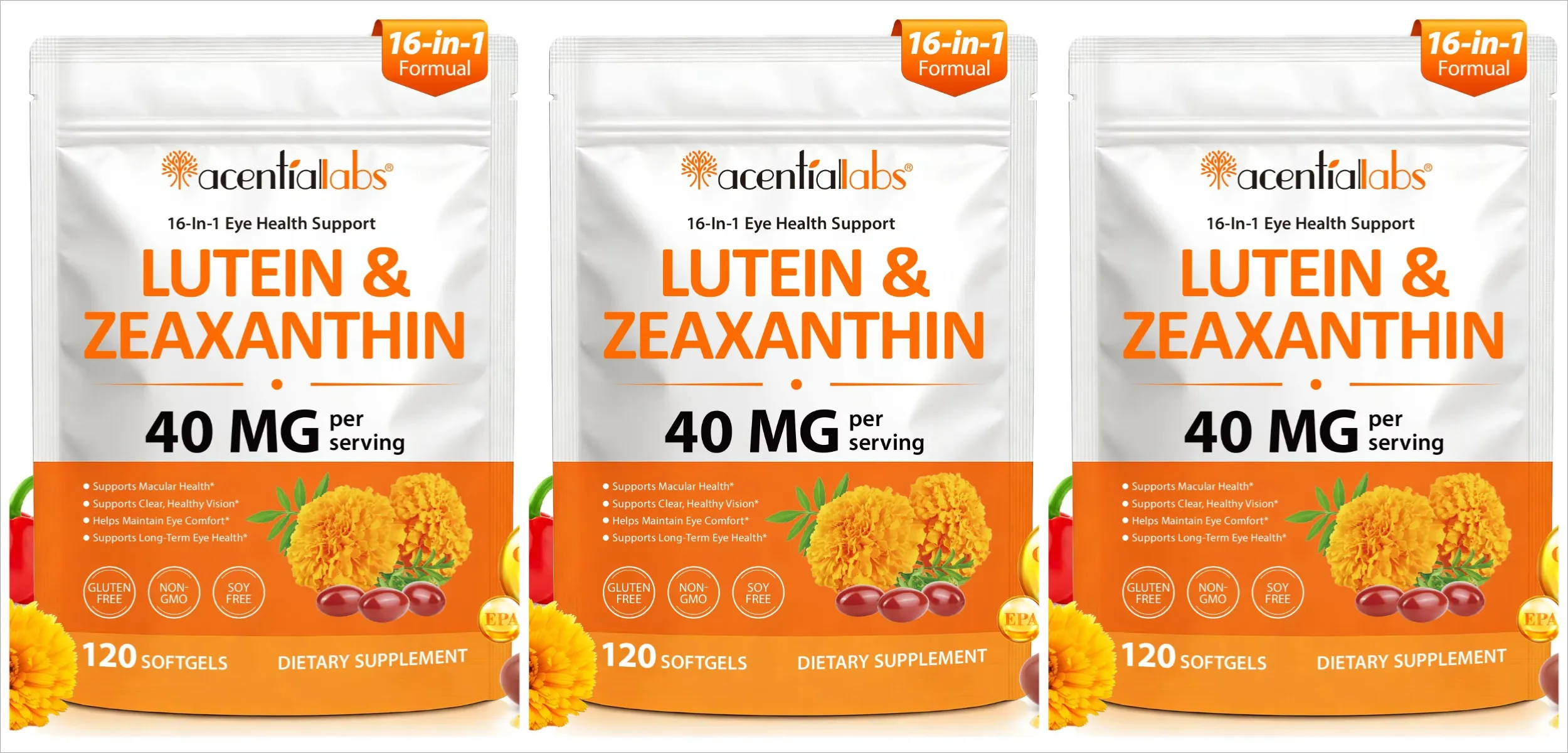 Acentiallabs Luteina Zeaksantyna Kapsułki 40 mg luteiny i 8 mg Zeaksantyny 120 Liczba Filtr niebieskiego światła Ochrona plamki żółtej Pielęgnacja oczu