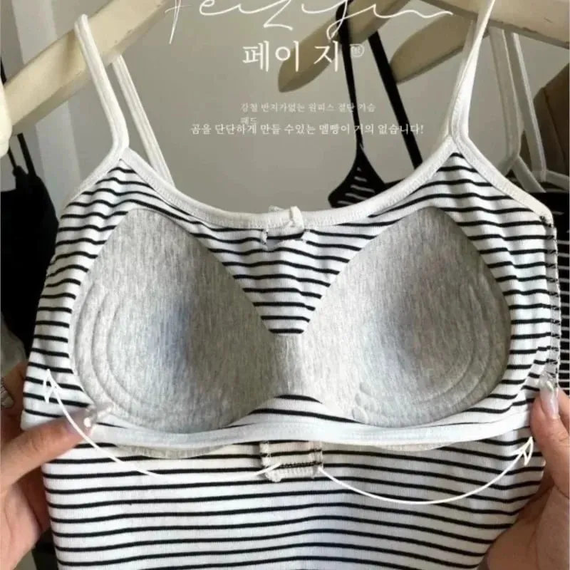 Integrated Stripe Women's Vest Inner Wear Outer Wear Button Fixed Cup No Bra Sports Top Short Style Cotton 100% Short Vest — image 7
