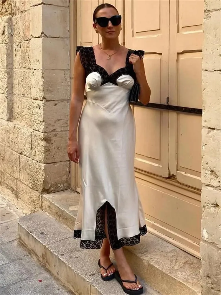 Tossy Fashion Satin Blonde Lang Kjole Kvinder V-hals Patchwork Hollow Out Ærmeløs Snøringskjole Aften Kvinde Efterår Maxikjole — image 4