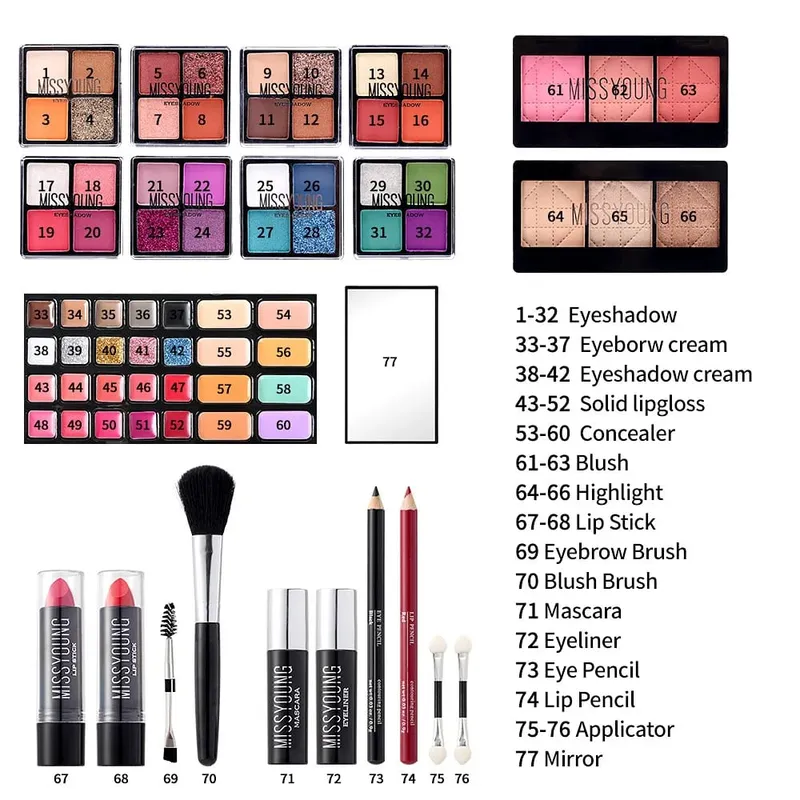 Portable Makeup Case Set Eyeshadow Lipstick Eyeliner Lip Liner Blush Complete Facial Cosmetic Kit Ideal Holiday Gift Makeup Set