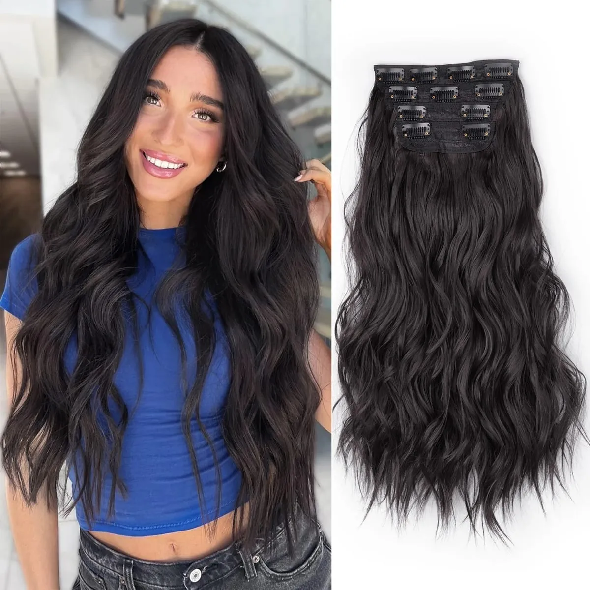 linwan Clip In Hair Extensions 4 PCS Full Head 20 Inch Long Curly Wavy Synthetic Hair Pieces Natural Wavy For Women Girls Hair