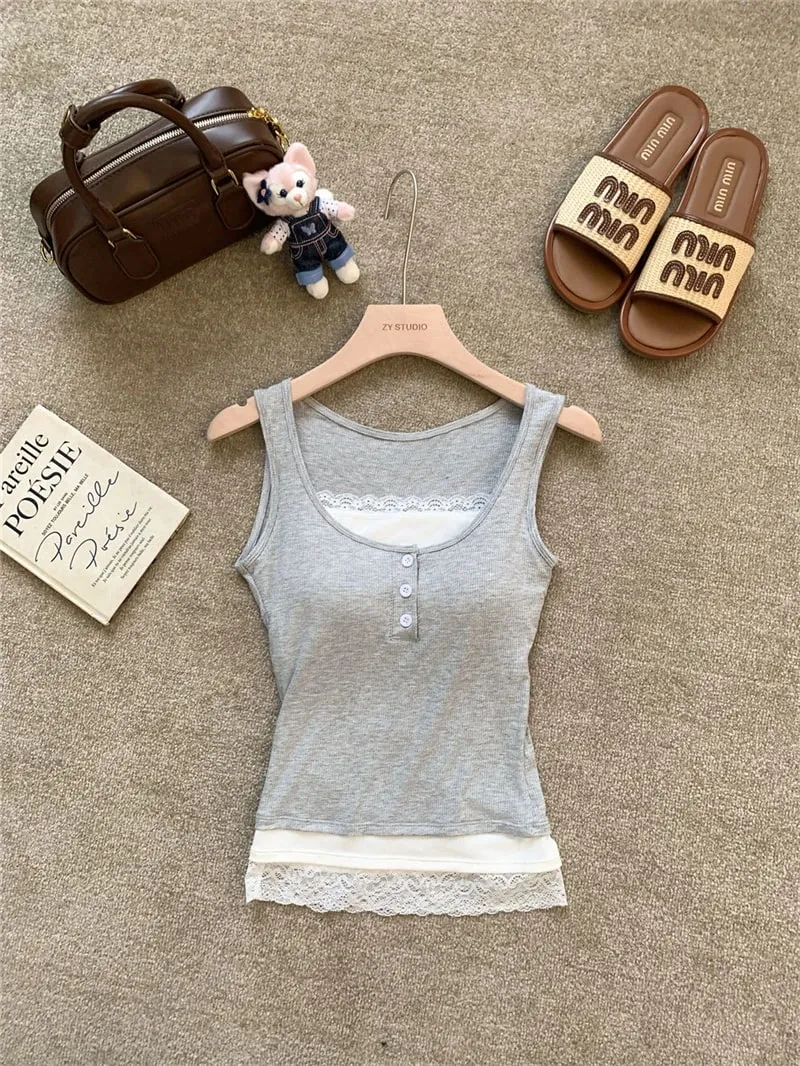 Women Fake Two Piece Lace Trim Tank Tops With Built-in Bra Pads Ribbed Viscose Sleeveless Camisole Slim Fit Crop Vest A6493