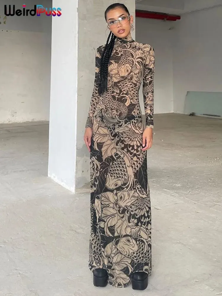Dziwny kot siatkowy nadruk damska sukienka Maxi z golfem pełna rękaw Bodycon jesień modne biodrówki główna ulica Party Y2K strój