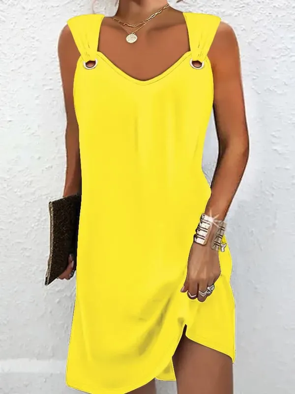 Women Summer Casual Dresses 2025 Elegant Simple Style Solid Color Metal Button V-neck Sleeveless Dress Female Sexy Midi Vestidos