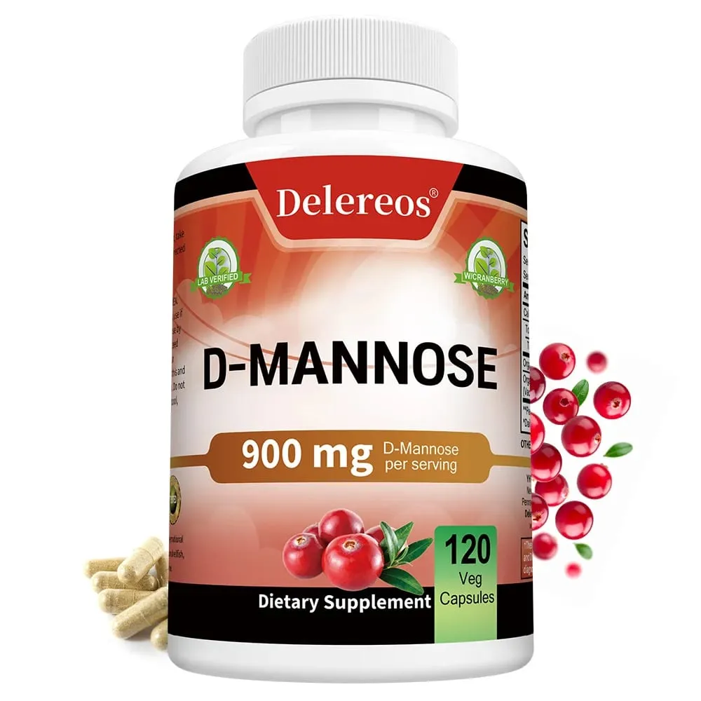 Organic D-Mannose 900mg Per Serving 120 Capsules Strongly Supports Urinary Tract Cleanse in Women and Prostate Health in Men