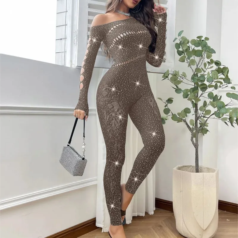 ผู้หญิงเซ็กซี่ตาข่าย Rhinestone Jumpsuit แขนยาวดูผ่านยืดถุงน่อง Jumpsuit Club PLUS ขนาดสต็อกชุดชั้นใน — image 12