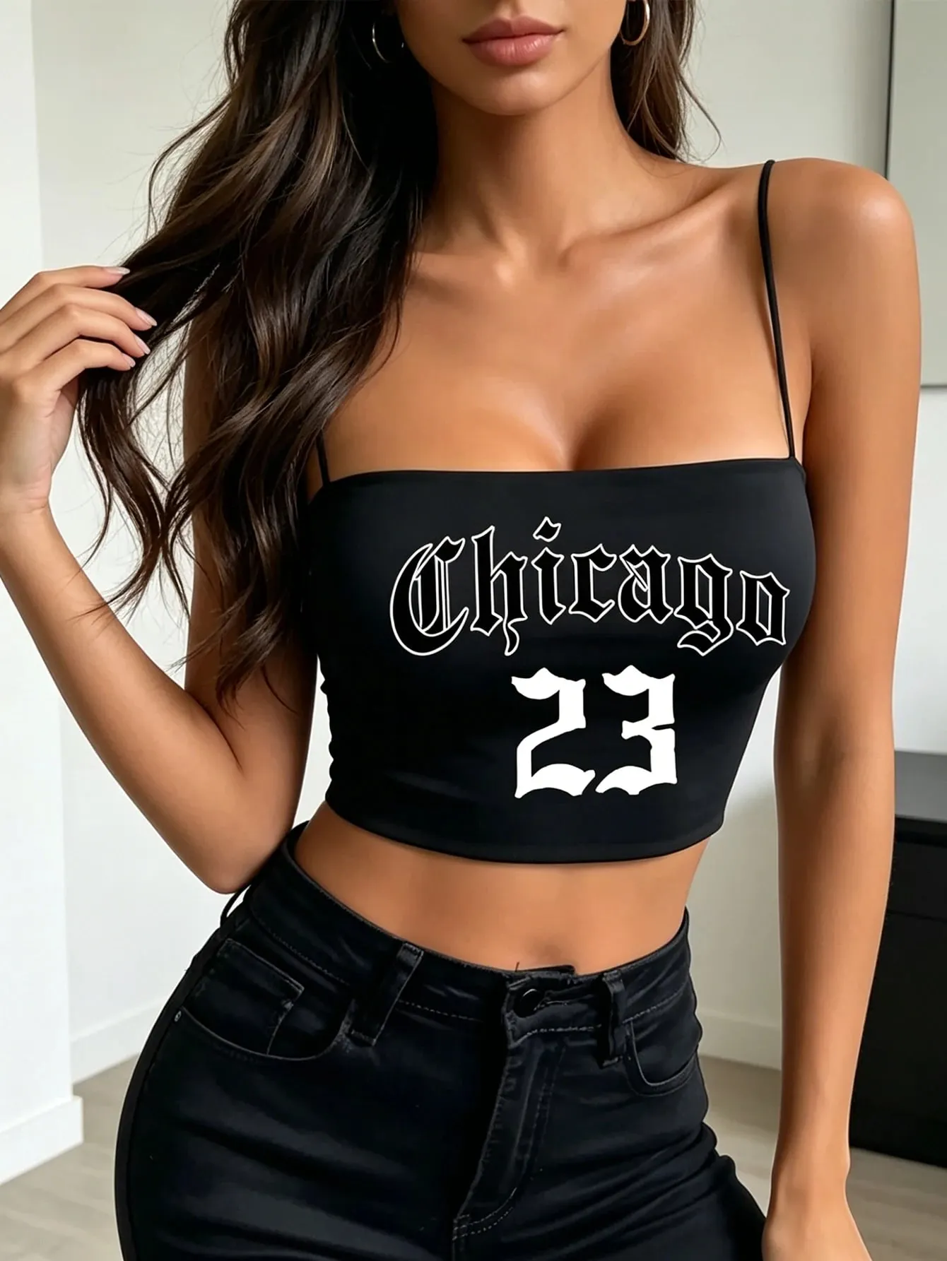 Lady Summer 'Chicago 23' Gothic-style Printed Thin Shoulder Strap Halter Top Y2K Retro Cool Girl Style Comfortable to Wear As
