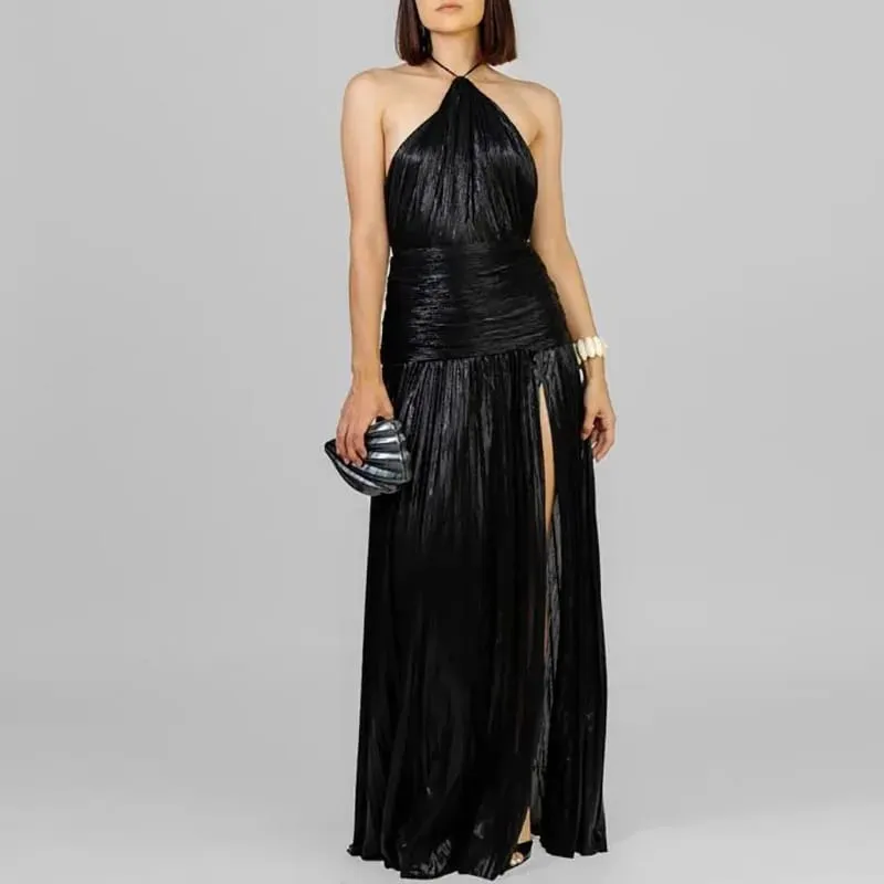 Zlaté sexy ohlávkové šaty s vysokými dělenými róbami Večerní šaty Dámské elegantní Jednobarevné duté řasené dlouhé šaty Jaro Léto Maxi šaty na zip bez zad