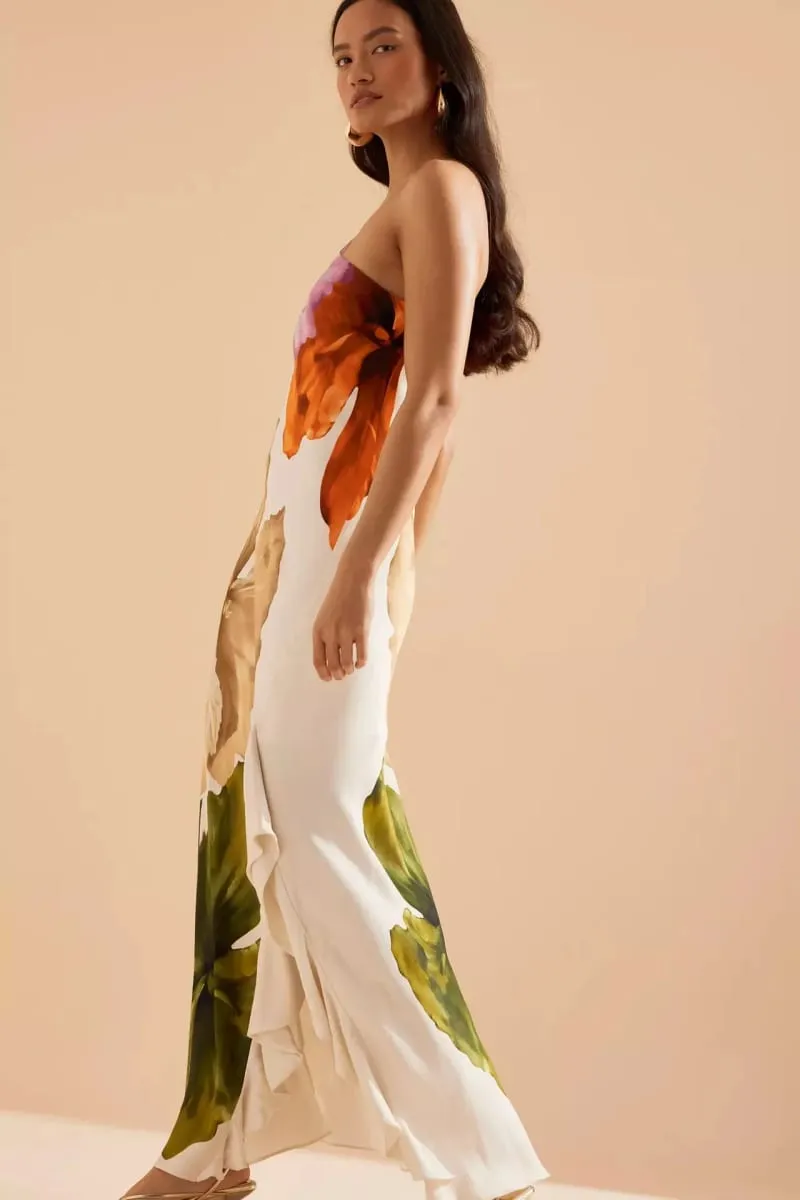 Fashion Women Printed Curling Edge Long Dresses Irregular One Shoulder Open Fork Gown Women Summer 2025 Party Vestidos