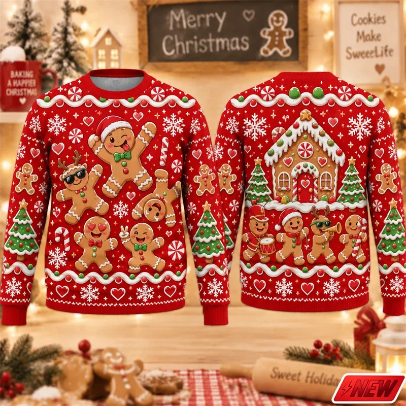 Christmas Ugly Sweater Men Holiday Gift Trendy 3D Print Funny Skateboarding Gingerbread Man House Pattern Pullover Unisex Hoodie