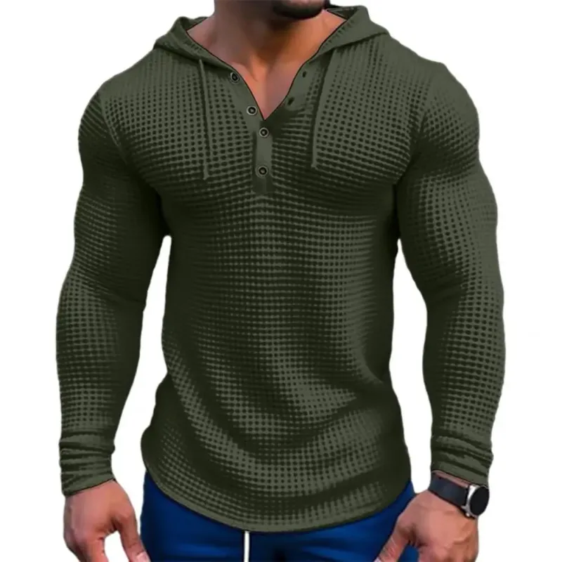 T-shirt à manches longues pour hommes, couleur unie, coupe cintrée, à capuche, respirant, haut de sport, en coton gaufré, décontracté, printemps