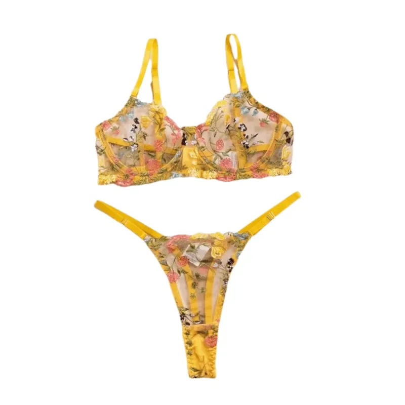 Sheer Intimates Transparent Lingerie Set Push Up Ultra-thin Embroidery Floral Underwear Elegant Bra Suit Women