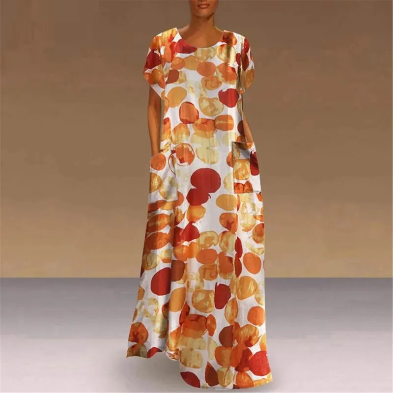 Spring Summer Long Dresses For Women New Floral Printing Short Sleeve Pockets Round Neck Casual Elegant Loose Female's Vestidos