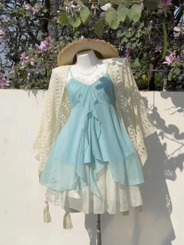 2026 Vrouw Japanse Zoete Kant Bloem Y2k Esthetische Bandage Grunge Jurken Harajuku Mouwloze Patchwork Vintage Jurk Chic