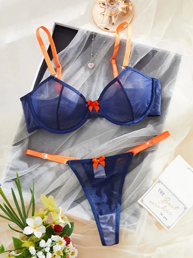 Dámské spodní prádlo námořnická modrá průhledná síťovina spodní prádlo ocelové prsteny podprsenka oranžová tanga s mašlí 2 kusy sexy spodní prádlo kontrastní barva intimky