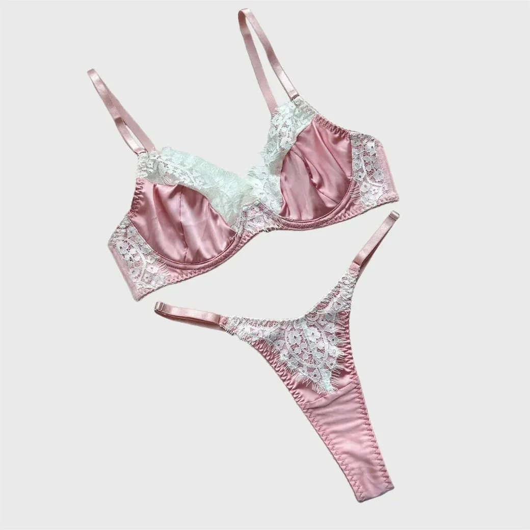 Ellolace conjuntos de lingerie feminina romântica coquette cetim renda sutiã tanga 2pc magro sensual quente traje doce juventude roupa interior da menina