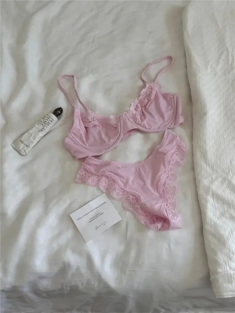 Rosa sem forro conjunto de sutiã de copo completo underwire renda guarnição elevador confortável minimalista sem costura sutiãs e calcinha todos os dias