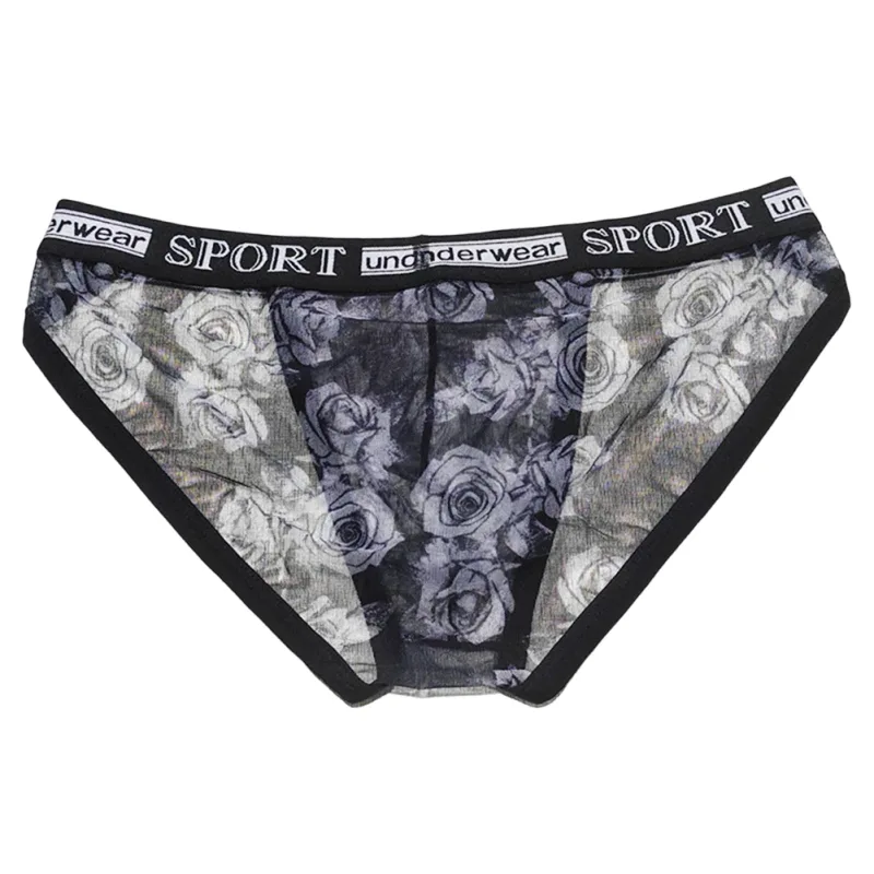 1pc Men Rose Printed Briefs High Fork Perspective Underwear Sexy Mesh Sheer Panties Breathable Comfortable Underpants