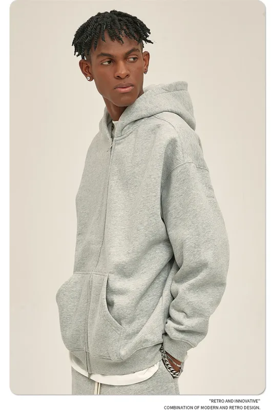 New Men Double Headed Zipper Fleece Hoodies Unisex Loose Basic Solid Warm Hooded Sweatshirts Coats For Winter HY0633
