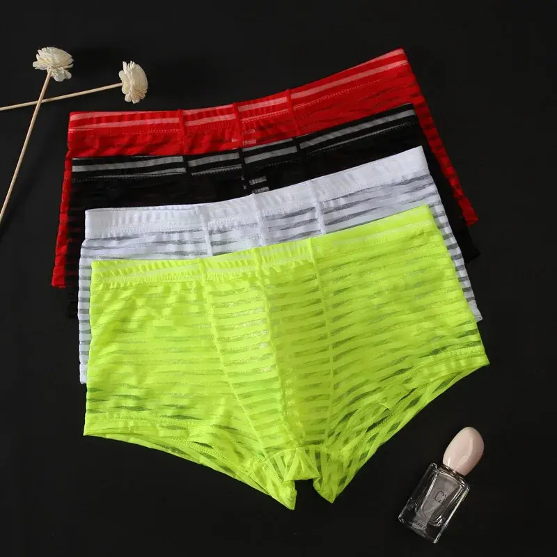 Transparent Underwear Sexy Men Ice Silk Striped Boxer Trunk Breathable Underpants U Convex Pouch Panties Man Boxer Briefs Short