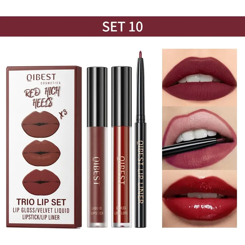 3pcs Lips Makeup Sets Include Lip Glaze Lip Mud And Lip Liner Long Lasting Nude Red Black Brown Lip Gloss Tint Cosmetics