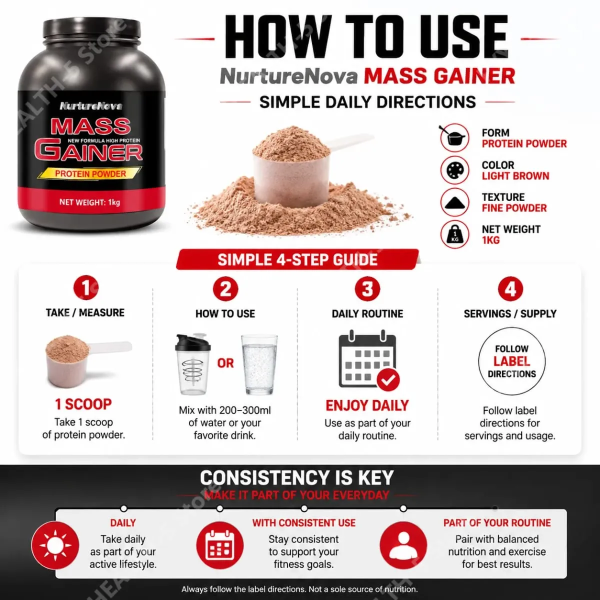 Mass Gainer Protein Powder NurtureNova New Formula High Protein for Muscle Building Support Sports Nutrition Supplement 1kg